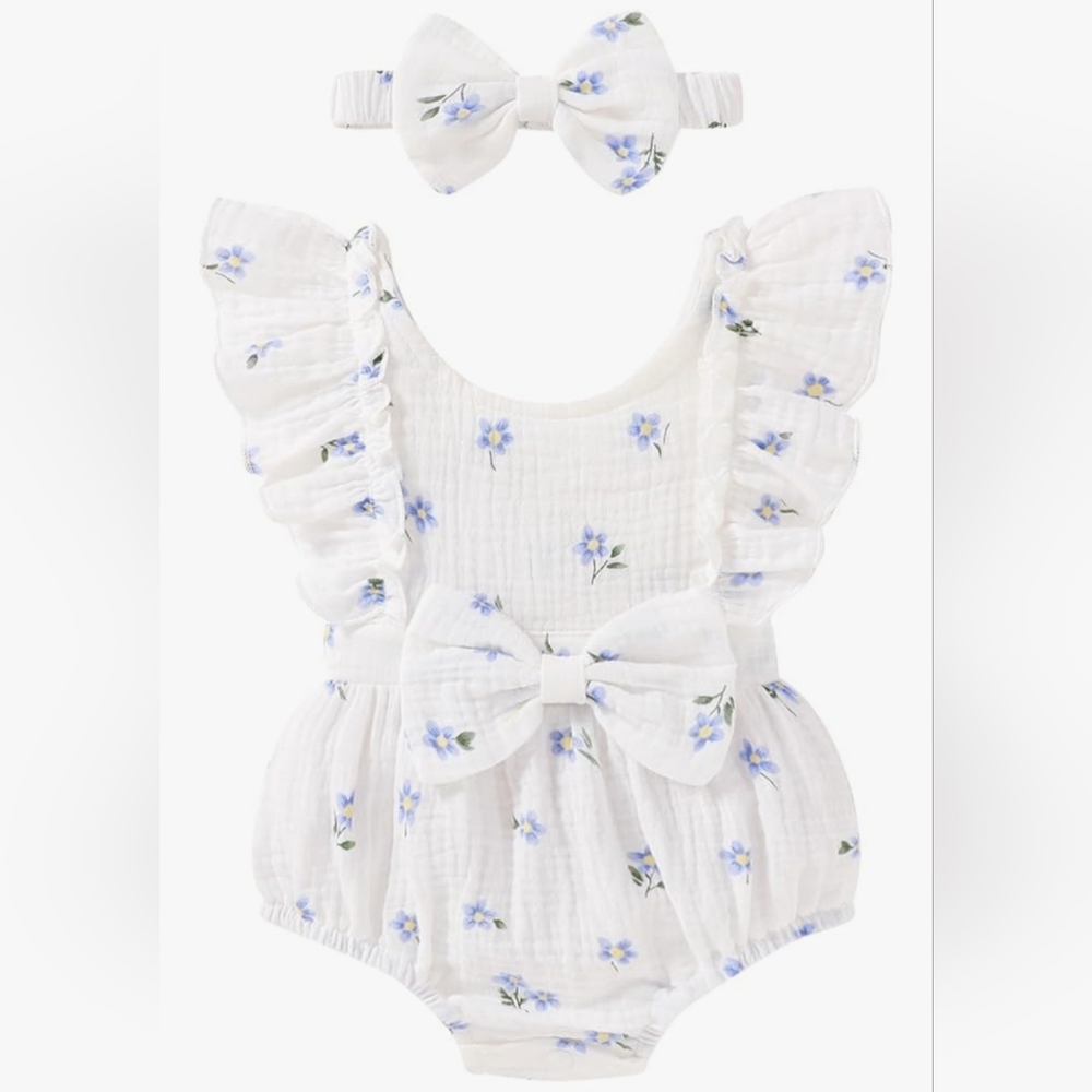 Classic White Floral Bib with Blue Blossom Ruffle